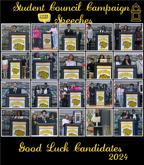 Several images of different students at a podium